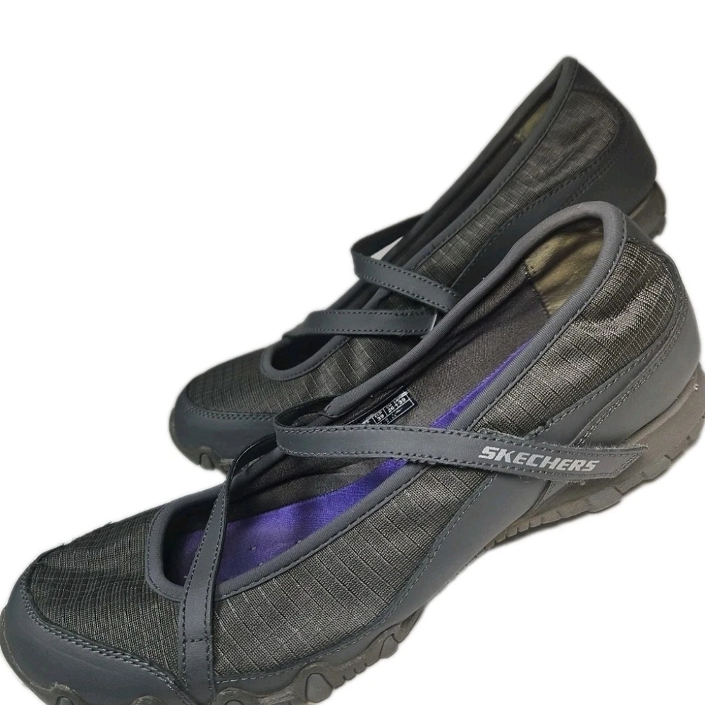 Skechers Gray Strappy Wedge Sandals Womens9 Leather Textile Fabric Y2k Walk[4D
